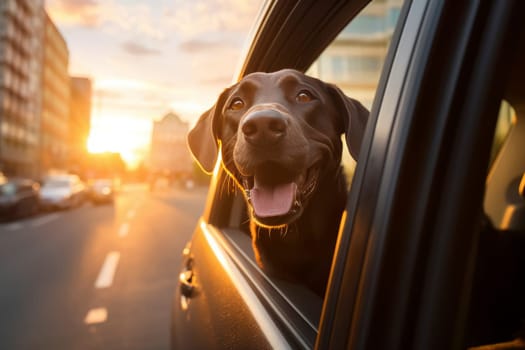 Dog enjoying car ride with head out of window during sunset. Pet travel and adventure concept. Joyful canine expression with copy space for design and prin