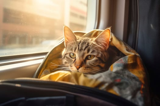 Cat peeking out of pet carrier bag in sunlit vehicle. Candid pet travel concept. Design for pet accessories promotion, travel banner