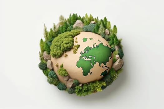 3D Rendered Eco Earth with Trees, Bushes, and Mountains. Sustainable World and Environment Conservation Concept. Design for Earth Day, Environmental Education, and Green Initiatives