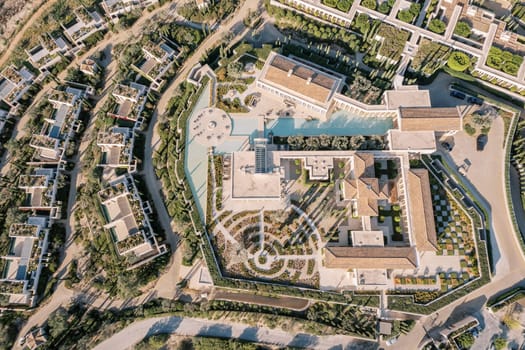 Luxurious hotel complex Amanzoe with sectoral gardens, swimming pools and terraces. Peloponnese, Greece. Top view. High quality photo