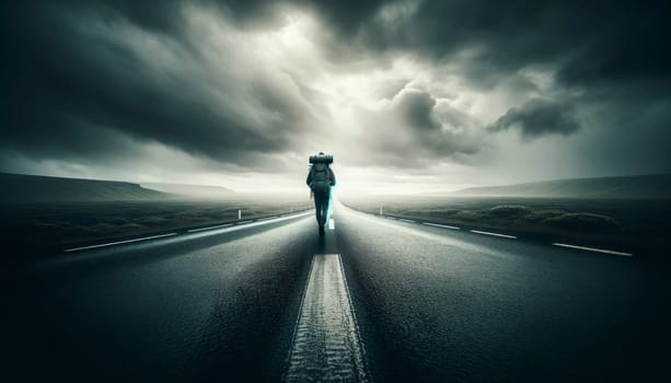 Lone traveler walking on an empty road in a vast landscape