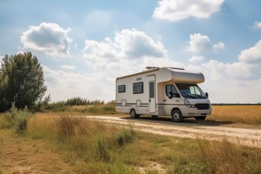 Motorhome parked on rural dirt road with trees and fields under a blue sky. Travel and adventure concept for design and print. Outdoor lifestyle photography