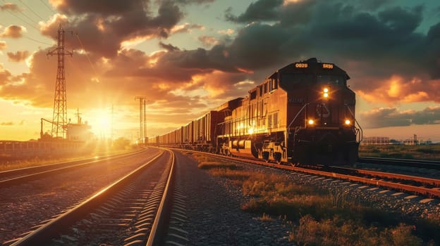 Freight train approaching during sunset. Industrial railroad cargo transportation. Logistics and delivery concept. Aerial view with copy space for design and print