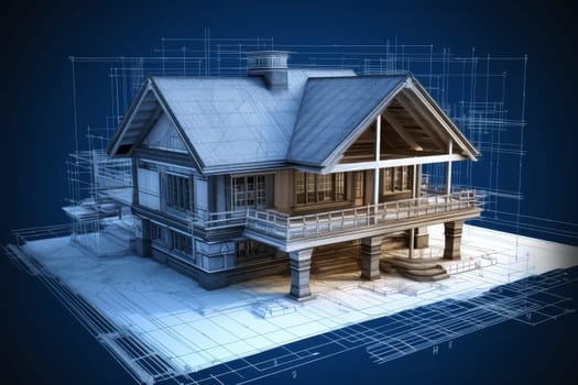 3D Blueprint of a Traditional House with Porch. Digital Art Illustration in Blueprint Style. Architecture and Construction Concept. Design for Poster, Architecture Visualization, and Educational Material