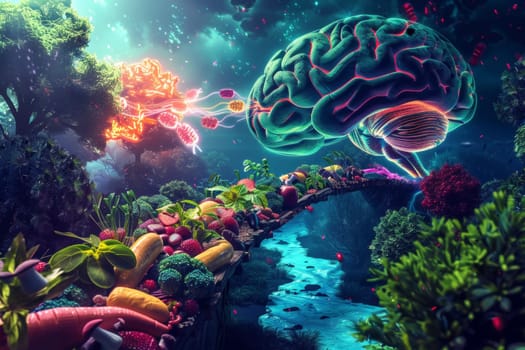 Human brain and bacteria interaction concept with vivid brain illustration, bacterial cells, and lush vegetation on a digital art background. Health, science, and nature concept for design and educational use