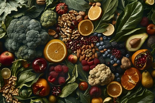 Assortment of fruits and nuts arranged in a brain shape on a dark background, symbolizing healthy brain food with copy space. Concept for nutrition and cognitive health