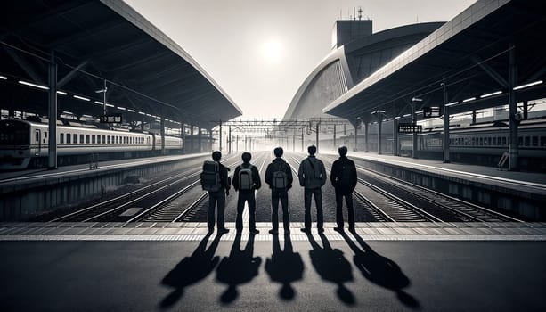 Young guys in monochrome style standing on train platform waitning for a train. High quality photo