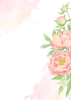 Peach peony watercolor hand drawn painting. Realistic flower clipart, floral arrangement. Chinese national symbol illustration. Perfect for card design, wedding invitation, prints, textile, packing.