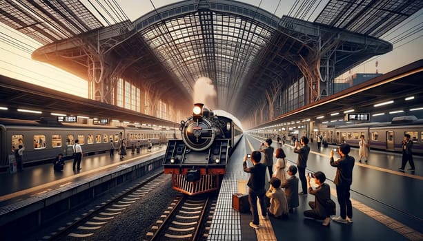 Group of Japanese Railfan or Train Otaku Taking Photos of a Old Train Arriving. High quality photo