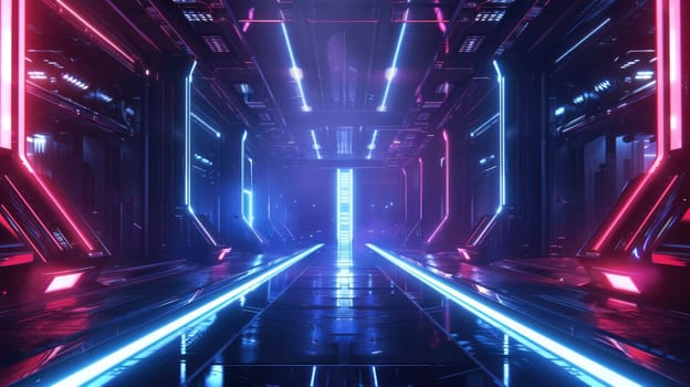 A digital illustration of a futuristic corridor bathed in vibrant neon lights, with a perspective that draws the eye towards infinity. Resplendent.