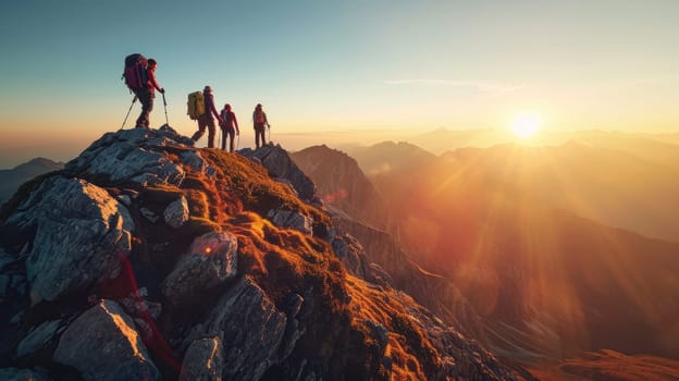 A group of friends on a hiking adventure, panoramic mountain views, capturing the spirit of friendship and exploration. Resplendent.