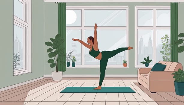 Woman, yoga practice near sofa, leggings and top attire. Bright room, large window, floor-standing flower