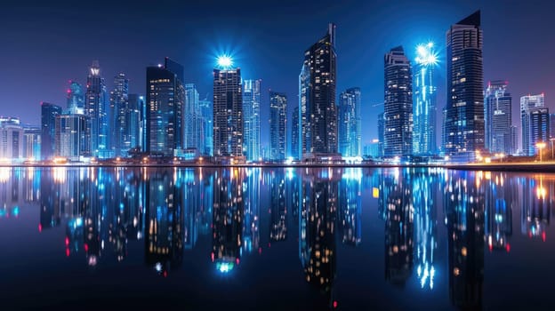 A vibrant city skyline with illuminated skyscrapers reflected beautifully on the water's surface, captured during the tranquil moments of dusk. Resplendent.