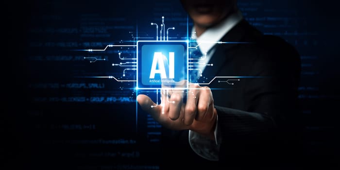 Human interact with AI artificial intelligence brain processor in concept of AI artificial intelligence engineering, big data and AI machine learning to use generative AI for business support. NLP.