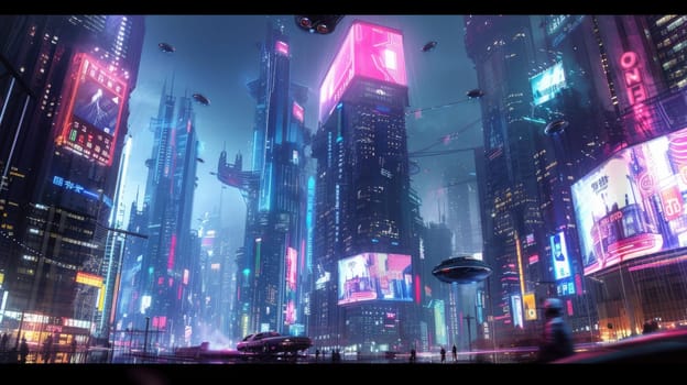 Futuristic city glows with soft hues, complemented by the sleek design of hovering vehicles above the vibrant skyline. Resplendent.