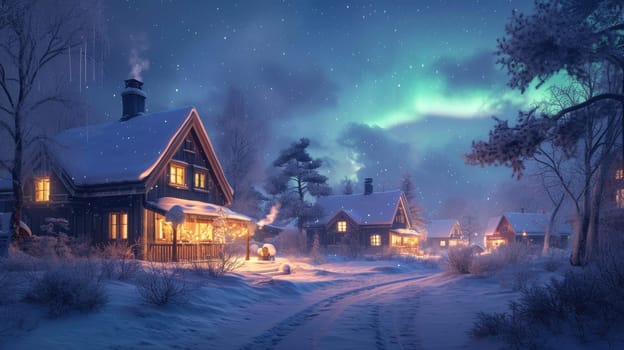 Snow-covered cabins glow warmly beneath the stunning aurora borealis in a serene winter landscape. Resplendent.