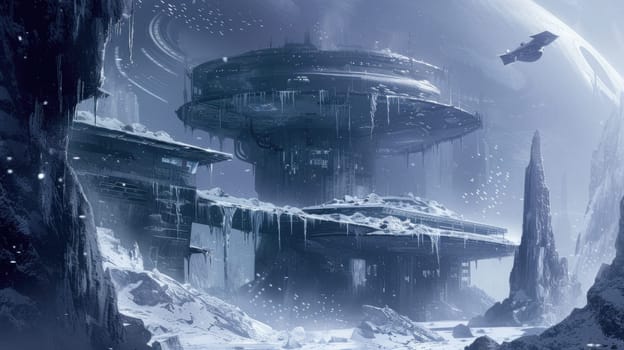 A futuristic space station sprawls across a harsh icy landscape, with a spacecraft approaching under the watchful gaze of a distant planet. Resplendent.