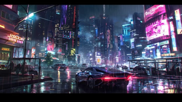 Futuristic city glows with soft hues, complemented by the sleek design of hovering vehicles above the vibrant skyline. Resplendent.