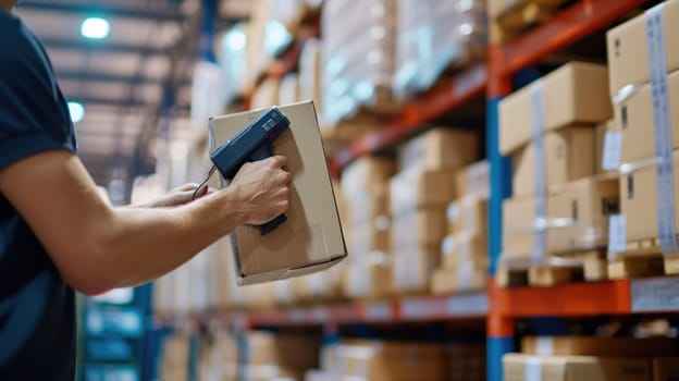 Focused logistics specialist with protective eyewear scans barcodes on packages in a well-organized warehouse. AIG41