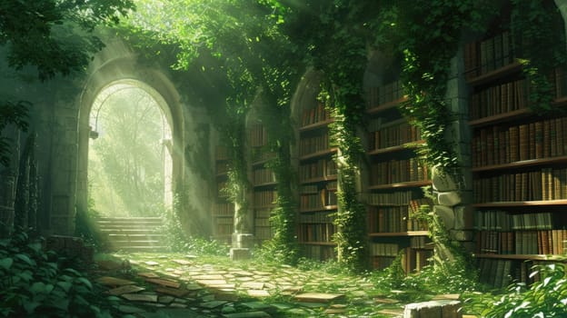 An ancient library in a hidden forest, overgrown with ivy, books filled with forgotten lore, mystical ambiance, sunlight filtering through leaves. Resplendent.