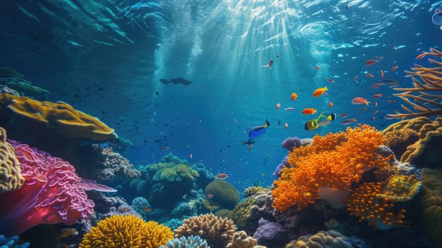 An underwater coral reef scene, diverse marine life, vivid colors, showcasing the beauty and diversity of ocean life. Underwater photography, coral reef ecosystem, diverse marine life,. Resplendent.