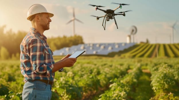 A man in a natural landscape holds a tablet while a drone hovers in the sky above a grassland with windmills and plants. AIG41