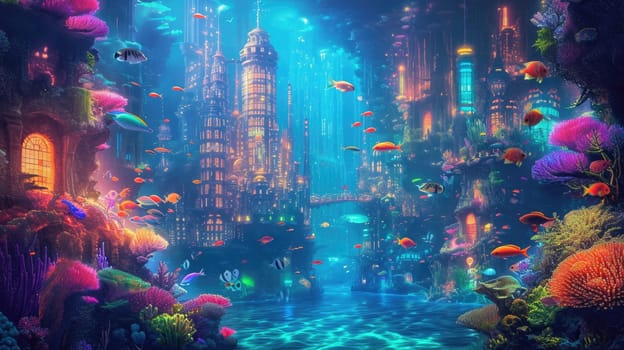 An underwater city with bioluminescent coral, schools of colorful fish, and ancient ruins, all illuminated by the eerie glow of an underwater volcano. Resplendent.