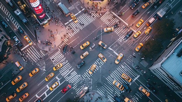 Overhead shot of a bustling city crosswalk with yellow taxis and pedestrians, capturing the vibrant urban life during rush hour. Resplendent.