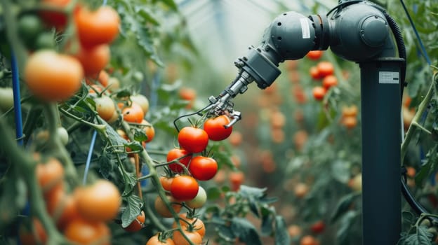 A robotic arm efficiently picks harvesting product, a type of vegetable, in a greenhouse to produce healthy and natural foods. AIG41