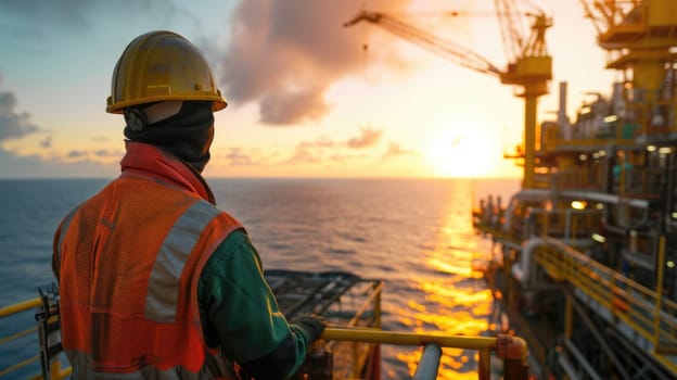 A man, wearing a helmet and standing on an oil rig, gazes at the sunset over the water, admiring the serene sky and clouds. AIG41