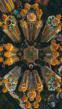 An artistic portrayal of a multitude of buildings resembling a kaleidoscope, showcasing symmetry, patterns, and creative visual arts