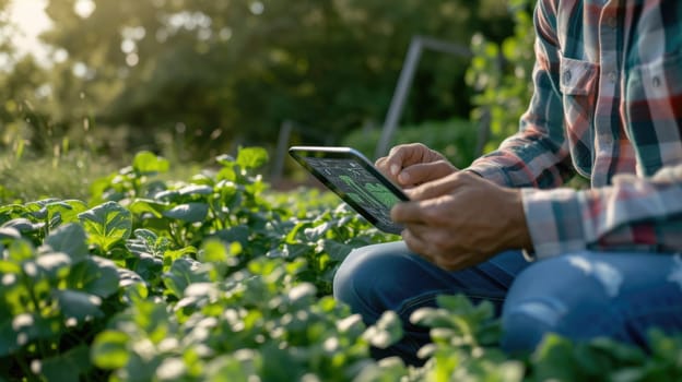 An agricultural technician uses a tablet with advanced software to analyze crop health in a sunlit agricultural field. AIG41