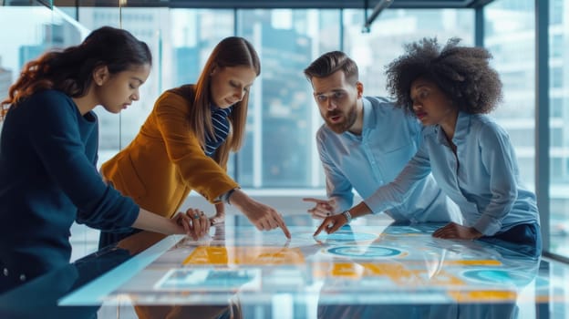 An engaged team of experts interacts with a futuristic digital interface during a strategy session in a contemporary office. AIG41