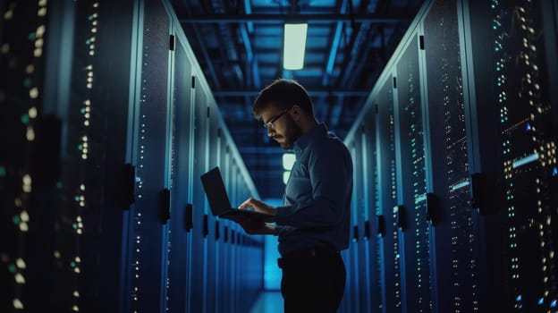 A man stands in a dark server room, gazing at a laptop, surrounded by electric blue technology, glass walls, and metallic machines. AIG41