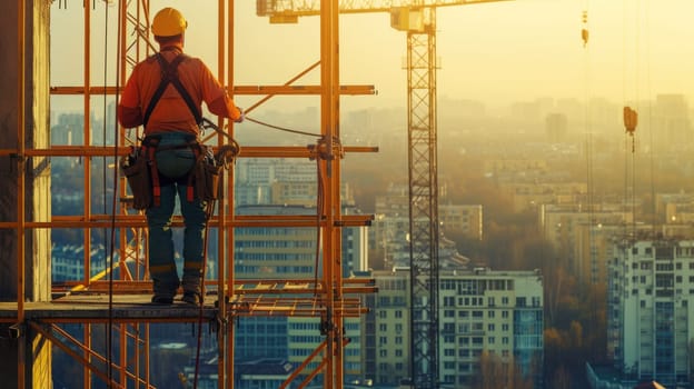 A construction worker stands atop a skyscraper, surrounded by the mesmerizing city landscape, under a cloudy sky with water glittering in the distance. AIG41