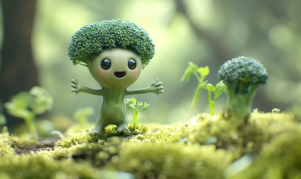 Cartoon running broccoli on a natural background. Selective soft focus.