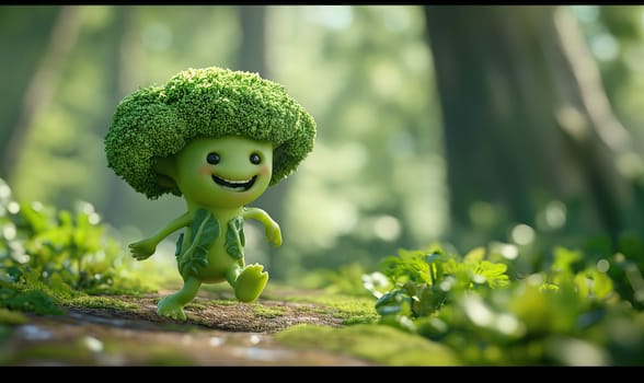 Cartoon running broccoli on a natural background. Selective soft focus.