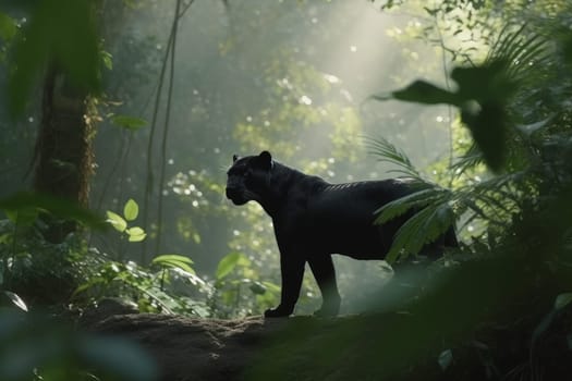 Black panther tropical forest. Tropical fauna. Generate Ai