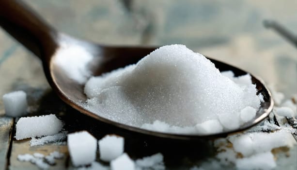 Sugar and salt in a spoon. Generative AI. High quality photo