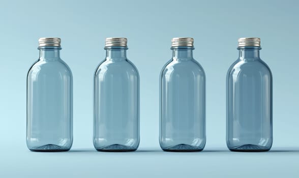 Empty transparent bottles with caps on a blue background. Selective soft focus.