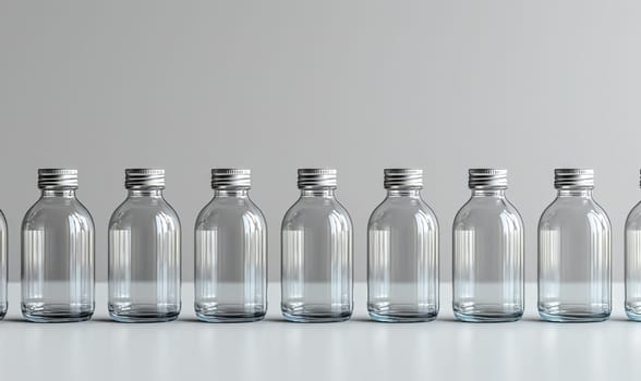 Empty transparent bottles with caps on a light background. Selective soft focus.