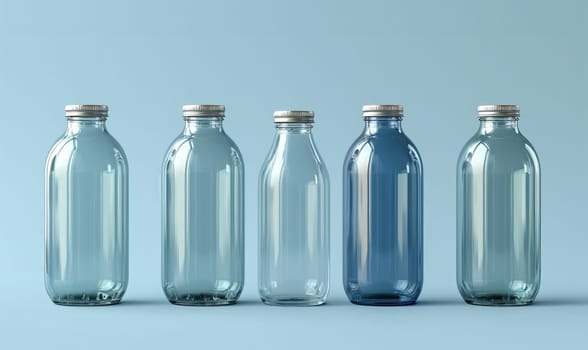 Empty transparent bottles with caps on a blue background. Selective soft focus.