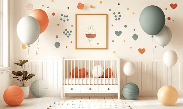 Greeting card, baby crib and congratulation balloons. Selective soft focus.