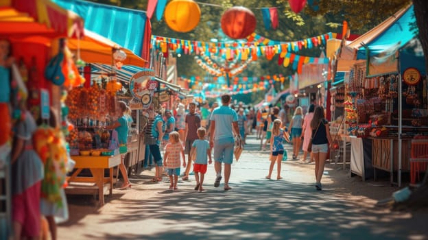 A crowd of people in jeans leisurely walks down a city street, enjoying the fun-filled carnival event happening along the road. AIG41