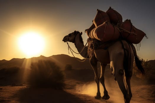 Camel carry load goods. Travel animal. Generate Ai