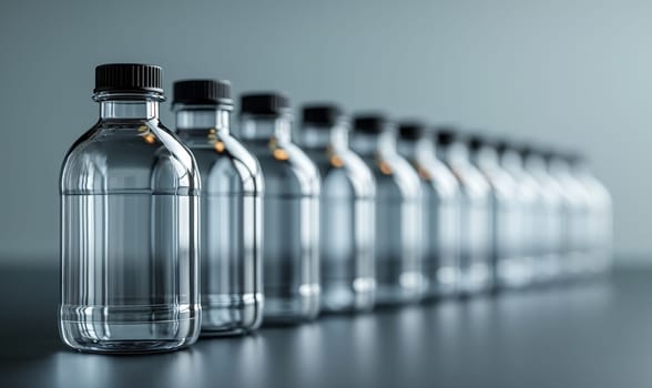 Empty transparent bottles with caps on a blue background. Selective soft focus.