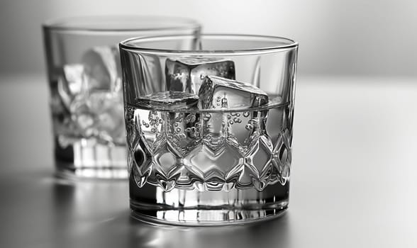 Transparent glass with clear drink and ice cubes. Selective soft focus.