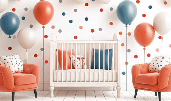 Greeting card, baby crib and congratulation balloons. Selective soft focus.