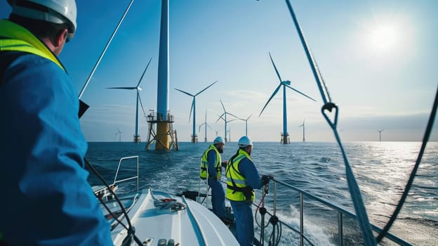 A man observes wind turbines on a boat amidst the vast ocean, with the sky, clouds, and water blending harmoniously. AIG41