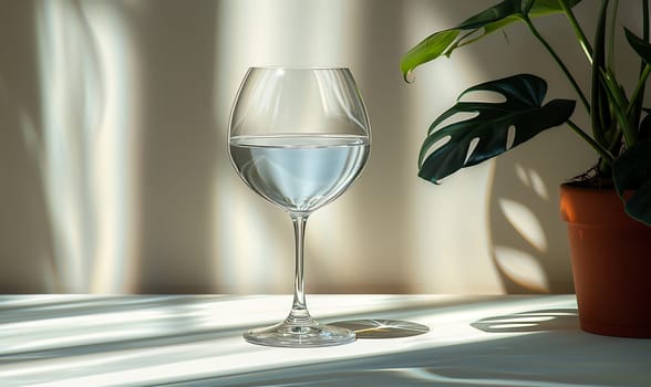 Transparent glass with a transparent drink on the table. Selective soft focus.